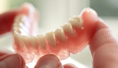 man holding lower plate of dentures